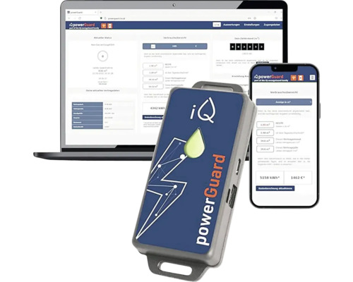 PowerGuard iQ Energiemonitor mit Laptop und Smartphone zur Verbrauchsüberwachung