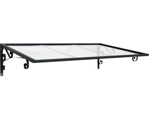 Türvordach mit transparentem Dach und Verzierungen an den Halterungen