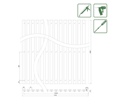 Diagramm einer Holzwandkonstruktion mit Maßangaben und Werkzeugsymbolen