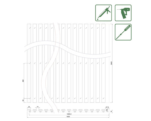 Technische Zeichnung eines Zauns mit Abmessungen und Symbolen für Werkzeuge