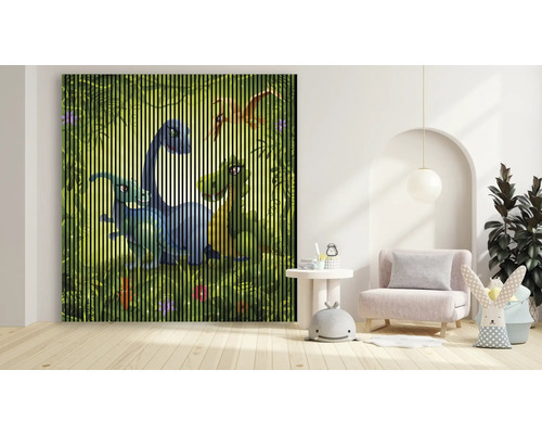 Dekoratives Dinosaurierbild mit Lamellenstruktur in einem Kinderzimmer.