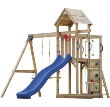 Spielturm aus Holz mit Rutsche, Schaukel und Kletterwand für den Garten