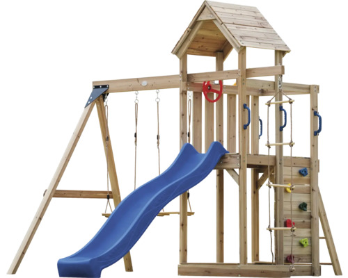 Spielturm aus Holz mit Rutsche, Schaukel und Kletterwand für den Garten