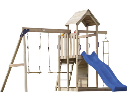 Spielturm aus Holz mit Schaukel und Rutsche für den Garten