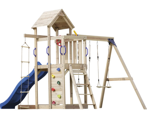 Spielturm aus Holz mit Rutsche, Schaukel und Kletterwand
