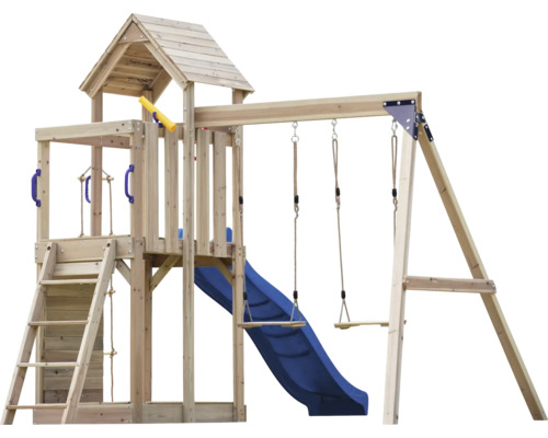 Holzspielturm mit Rutsche und Schaukel für den Außenbereich
