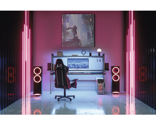 Ein Gamingzimmer mit Schreibtisch, Computer, Stuhl, Lautsprechern und LED-Beleuchtung schafft eine moderne Atmosphäre.