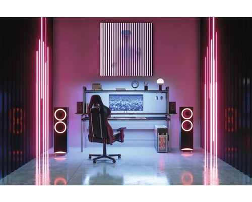 Gaming Zimmer mit Schreibtisch, Gaming Stuhl, Lautsprechern und Neonbeleuchtung