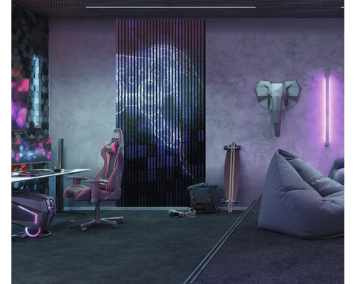 Einrichtung eines Zimmers mit Gaming-PC, Gaming-Stuhl, Sitzsack, Skateboard und Wanddekoration