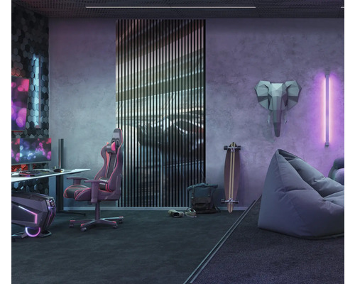 Modernes Jugendzimmer mit Schreibtisch, Gaming-Stuhl, Sitzsack und dekorativen Elementen