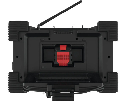 Rückansicht eines Baustellenradios mit Antenne