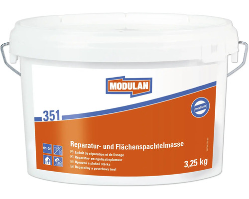 Reparatur und Flächenspachtelmasse in einem Eimer mit 3,25 Kilogramm Inhalt. Reparatur und Flächenspachtelmasse in einem Eimer mit 3,25 Kilogramm Inhalt.