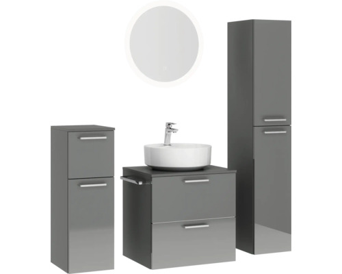 Badezimmergarnitur mit Waschbeckenunterschrank, Waschbecken, Spiegelschrank und Hochschrank