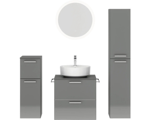Badmöbel-Set NOBILIA Modern BxHxT 140 x 169,1 x 49 cm Frontfarbe grau hochglanz mit Spiegel rund mit LED-Beleuchtung Unterschrank Midischrank Griff chrom matt 637 Badmöbel-Set NOBILIA Modern BxHxT 140 x 169,1 x 49 cm Frontfarbe grau hochglanz mit Spiegel rund mit LED-Beleuchtung Unterschrank Midischrank Griff chrom matt 637