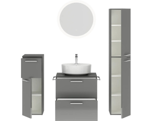 Badezimmermöbelset mit Waschtisch, Waschbecken, Spiegelschrank und Hochschrank