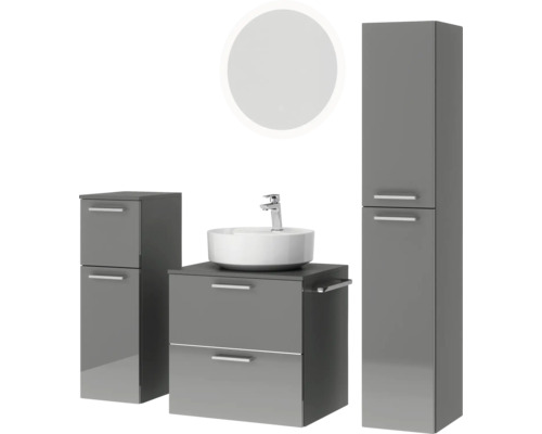 Graue Badezimmermöbel mit Waschtisch, Waschbecken und Spiegelschrank