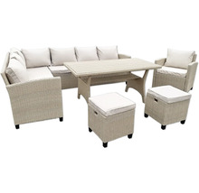 Gartenmöbelset mit Esstisch, Ecksofa, Sessel und Hockern