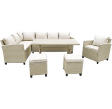 Gartenmöbelset aus Rattan mit Ecksofa, Sessel, Tisch und Hockern