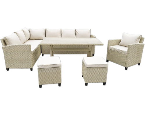 Gartenmöbelset aus Rattan mit Ecksofa, Sessel, Tisch und Hockern