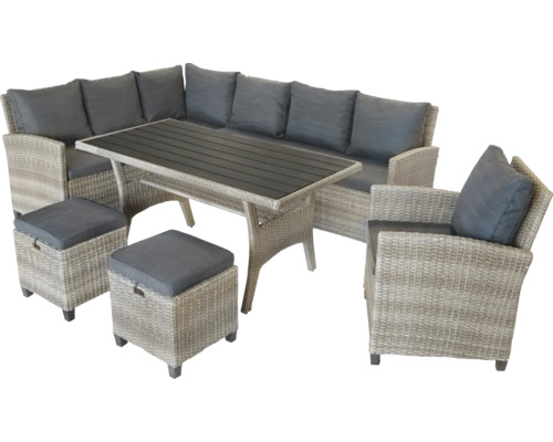 Gartenmöbelset mit Tisch, Ecksofa, Sessel und Hockern