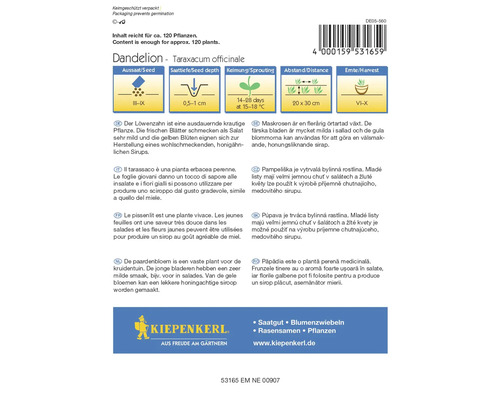 Löwenzahn-Saatgutpackung mit Informationen zu Aussaat, Saattiefe, Keimung, Abstand und Ernte