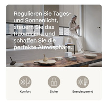 Wohnraum mit Frau, Sofa, Tisch und den Symbolen Komfort, Sicherheit und Energiesparen.