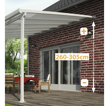 Terrassenüberdachung mit Höhenangabe von 260 bis 305 cm an einer Hauswand