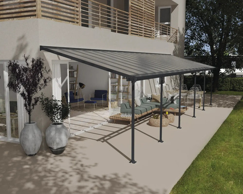 Terrassenüberdachung CANOPIA by Palram Feria 3x10.35 1035 x 294 cm anthrazit Terrassenüberdachung aus Metall mit Gartenmöbeln auf einer Terrasse