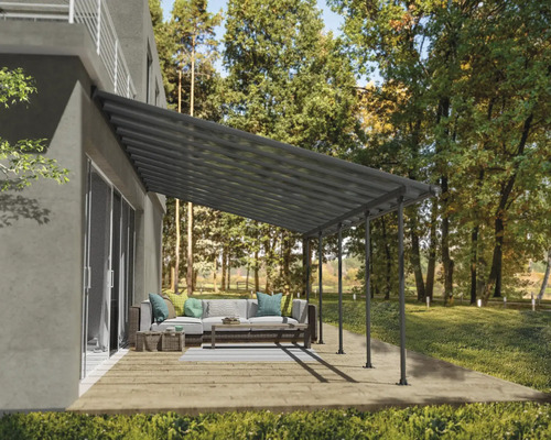 Terrassenüberdachung CANOPIA by Palram Feria 4x7.87 787 x 380 cm anthrazit Terrasse mit Pergola und Sitzgelegenheit im Außenbereich