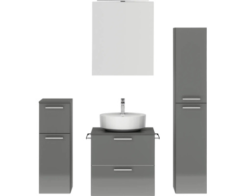 Badmöbel-Set NOBILIA Modern BxHxT 140 x 169,1 x 49 cm Frontfarbe grau hochglanz mit Spiegelschrank mit LED-Beleuchtung Unterschrank Midischrank Griff chrom matt 629 Badmöbelset mit Waschtisch, Spiegelschrank und Hochschrank