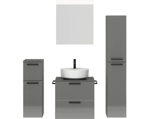 Badmöbel-Set NOBILIA Modern BxHxT 140 x 169,1 x 49 cm Frontfarbe grau hochglanz mit Spiegel mit LED-Beleuchtung Unterschrank Midischrank Griff schwarz 620 Badmöbel-Set NOBILIA Modern BxHxT 140 x 169,1 x 49 cm Frontfarbe grau hochglanz mit Spiegel mit LED-Beleuchtung Unterschrank Midischrank Griff schwarz 620