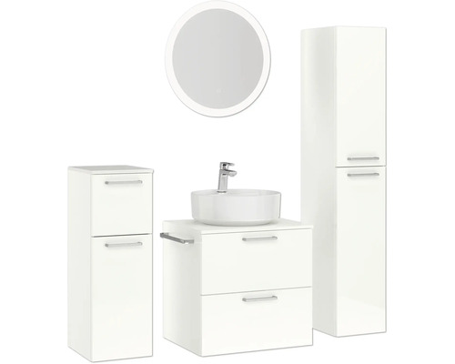Badezimmerensemble mit Waschbecken, Unterschrank, Spiegelschrank und Hochschrank