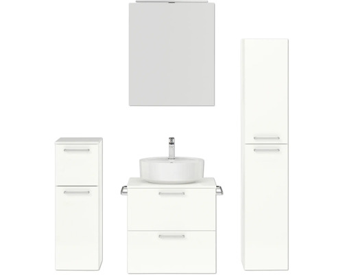 Badmöbel-Set NOBILIA Modern BxHxT 140 x 169,1 x 49 cm Frontfarbe weiß hochglanz mit Spiegelschrank mit LED-Beleuchtung Unterschrank Midischrank Griff chrom matt 627 Badezimmer-Set mit Waschtisch, Aufsatzwaschbecken, Spiegelschrank und Hochschrank