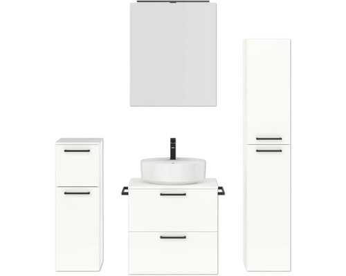Badmöbel-Set NOBILIA Modern BxHxT 140 x 169,1 x 49 cm Frontfarbe weiß hochglanz mit Spiegelschrank mit LED-Beleuchtung Unterschrank Midischrank Griff schwarz 626 Badezimmermöbelset mit Waschtisch, Waschbecken, Spiegelschrank und Hochschrank