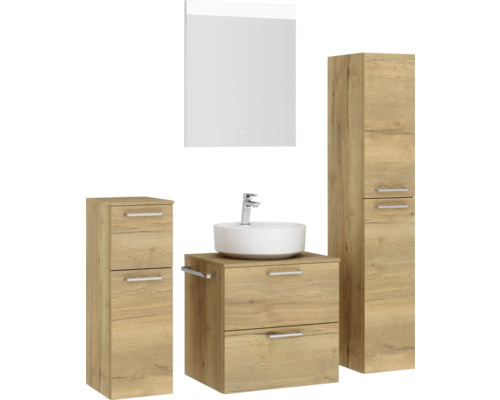 Badezimmerensemble mit Waschtisch, Waschbecken, Spiegelschrank und Hochschrank