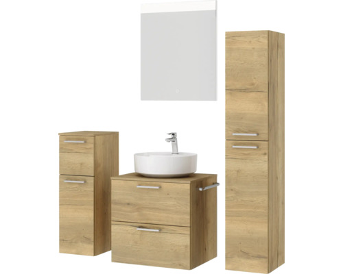 Badezimmermöbelset mit Waschtisch, Waschbecken, Spiegelschrank und Hochschrank