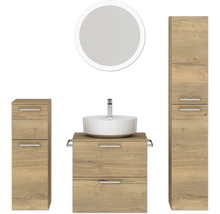 Badmöbel-Set NOBILIA Modern BxHxT 140 x 169,1 x 49 cm Frontfarbe eiche hell Badmöbelset 4-teilig mit Waschtisch weiß und Waschtischunterschrank Waschtisch Spiegel mit LED-Beleuchtung Wandschrank Midischrank