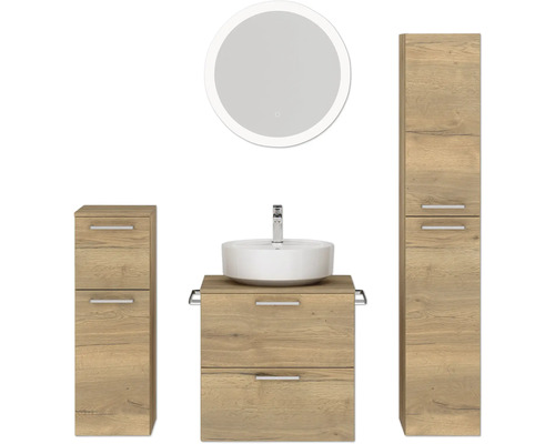 Badmöbel-Set NOBILIA Modern BxHxT 140 x 169,1 x 49 cm Frontfarbe eiche hell Badmöbelset 4-teilig mit Waschtisch weiß und Waschtischunterschrank Waschtisch Spiegel mit LED-Beleuchtung Wandschrank Midischrank