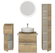 Badmöbel-Set NOBILIA Modern BxHxT 140 x 169,1 x 49 cm Frontfarbe eiche hell Badmöbelset 4-teilig mit Waschtisch weiß und Waschtischunterschrank Waschtisch Spiegel mit LED-Beleuchtung Wandschrank Midischrank