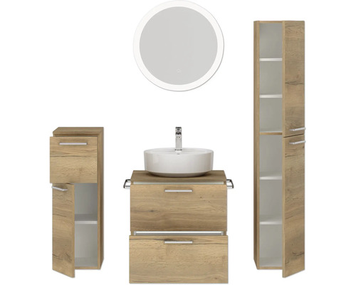 Badezimmer-Set mit Waschtisch, Aufsatzwaschbecken, Spiegelschrank und Hochschrank