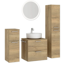 Badmöbel-Set NOBILIA Modern BxHxT 140 x 169,1 x 49 cm Frontfarbe eiche hell Badmöbelset 4-teilig mit Waschtisch weiß und Waschtischunterschrank Waschtisch Spiegel mit LED-Beleuchtung Wandschrank Midischrank