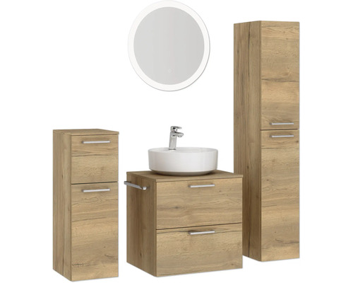 Badezimmerensemble mit Waschtisch, Unterschrank, Seitenschrank und Spiegel