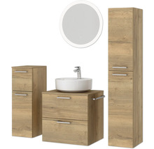 Badmöbel-Set NOBILIA Modern BxHxT 140 x 169,1 x 49 cm Frontfarbe eiche hell Badmöbelset 4-teilig mit Waschtisch weiß und Waschtischunterschrank Waschtisch Spiegel mit LED-Beleuchtung Wandschrank Midischrank