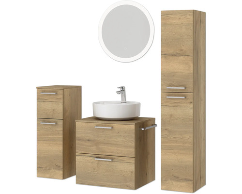 Badezimmer-Set mit Waschtisch, Aufsatzwaschbecken, Spiegelschrank und Hochschrank