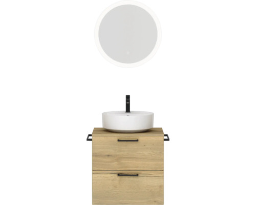 Badmöbel-Set NOBILIA Modern BxHxT 60 x 169,1 x 49 cm Frontfarbe eiche hell mit Spiegel rund mit LED-Beleuchtung Griff schwarz 614
