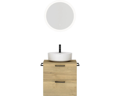 Badmöbel-Set NOBILIA Modern BxHxT 60 x 169,1 x 49 cm Frontfarbe eiche hell mit Spiegel rund mit LED-Beleuchtung Griff schwarz 614 Badmöbel-Set NOBILIA Modern BxHxT 60 x 169,1 x 49 cm Frontfarbe eiche hell mit Spiegel rund mit LED-Beleuchtung Griff schwarz 614