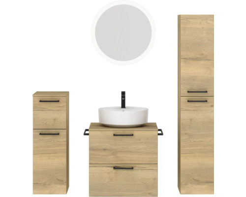 Badmöbel-Set NOBILIA Modern BxHxT 140 x 169,1 x 49 cm Frontfarbe eiche hell mit Spiegel rund mit LED-Beleuchtung Unterschrank Midischrank Griff schwarz 638 Badezimmer-Set mit Waschtisch, Waschbecken, Spiegelschrank und Hochschrank