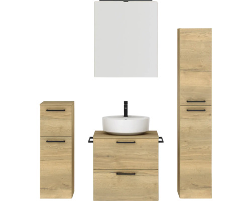 Badmöbel-Set NOBILIA Modern BxHxT 140 x 169,1 x 49 cm Frontfarbe eiche hell mit Spiegelschrank mit LED-Beleuchtung Unterschrank Midischrank Griff schwarz 630