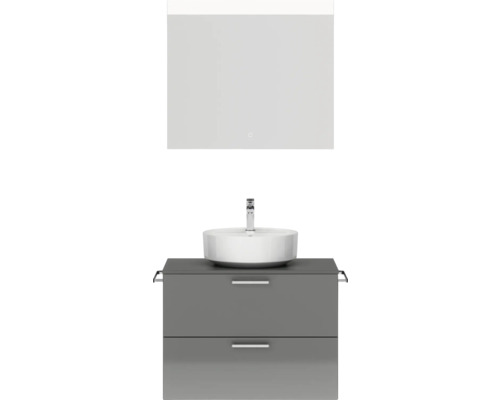 Badmöbel-Set NOBILIA Modern BxHxT 80 x 169,1 x 49 cm Frontfarbe grau hochglanz mit Spiegel eckig mit LED-Beleuchtung Griff chrom matt 653