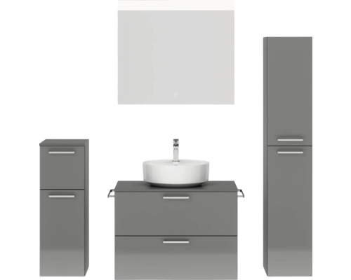 Badmöbel-Set NOBILIA Modern BxHxT 160 x 169,1 x 49 cm Frontfarbe grau hochglanz mit Spiegel mit LED-Beleuchtung Unterschrank Midischrank Griff chrom matt 677